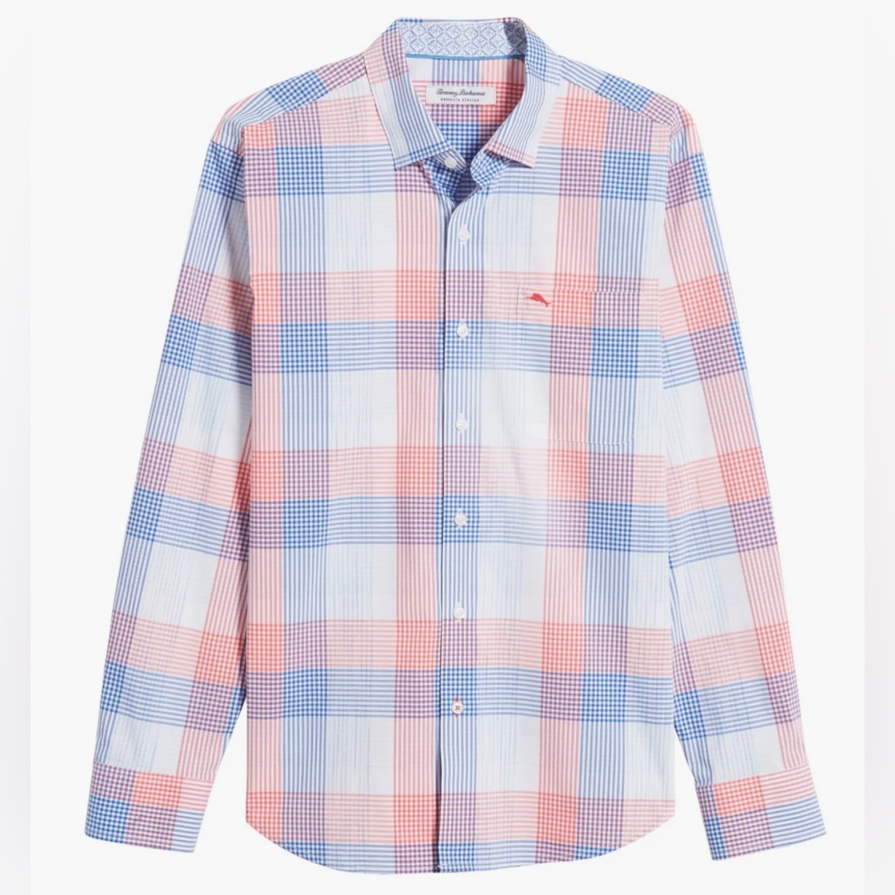 Tommy Bahama Sarasota Stretch Mens Large Plaid Button Down Shirt Red Blue